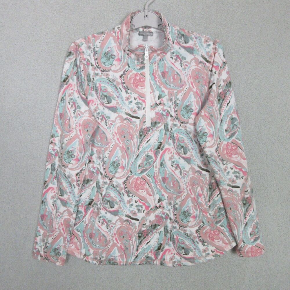 T by Talbots Top Womens S Paisley Quarter Zip Long Sleeve Knit Pink Aqua Stretch